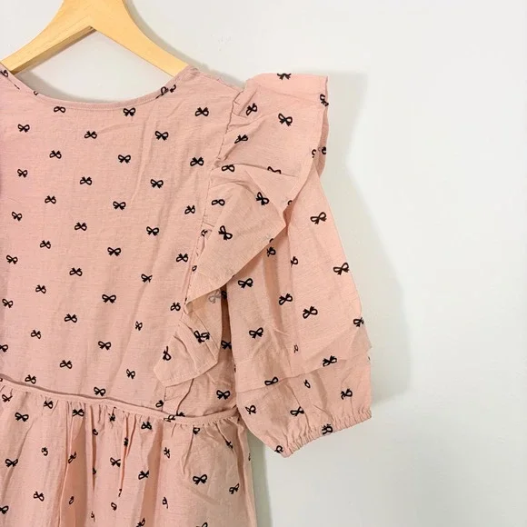 Umgee Pink Bow Print Ruffle Babydoll Mini Dress Linen Blend Medium Cottagecore - Picture 8 of 8